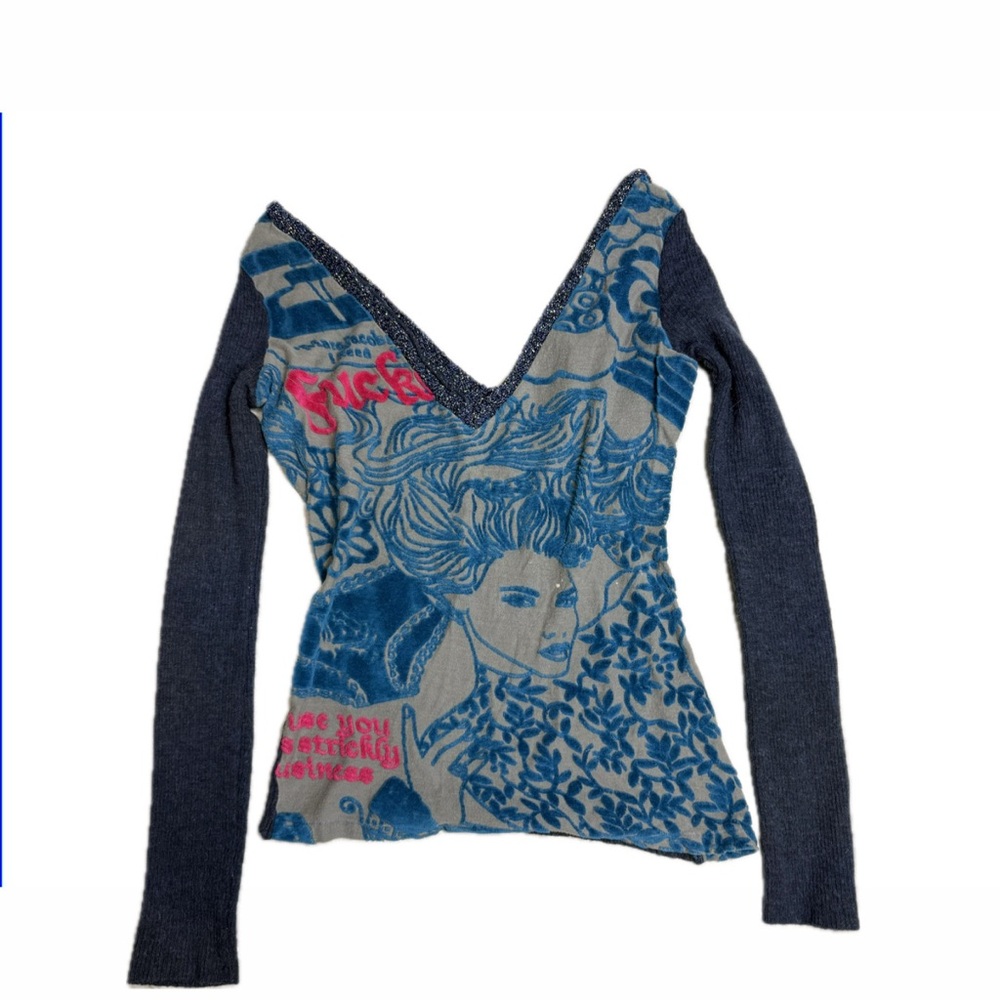Custo Barcelona Blue and Pink Graphic half knit Top